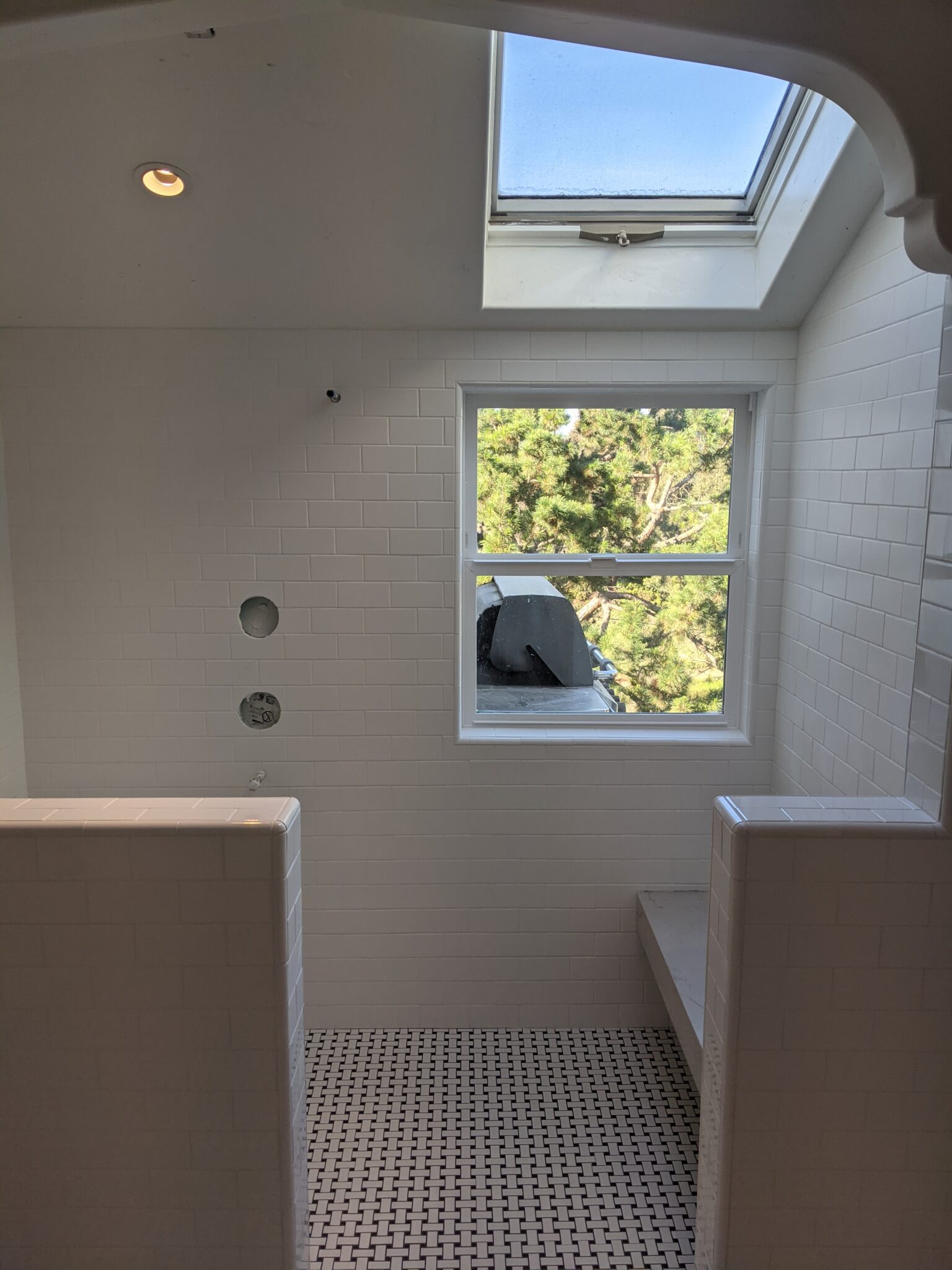 3x6 subway tile shower with solid surface bench